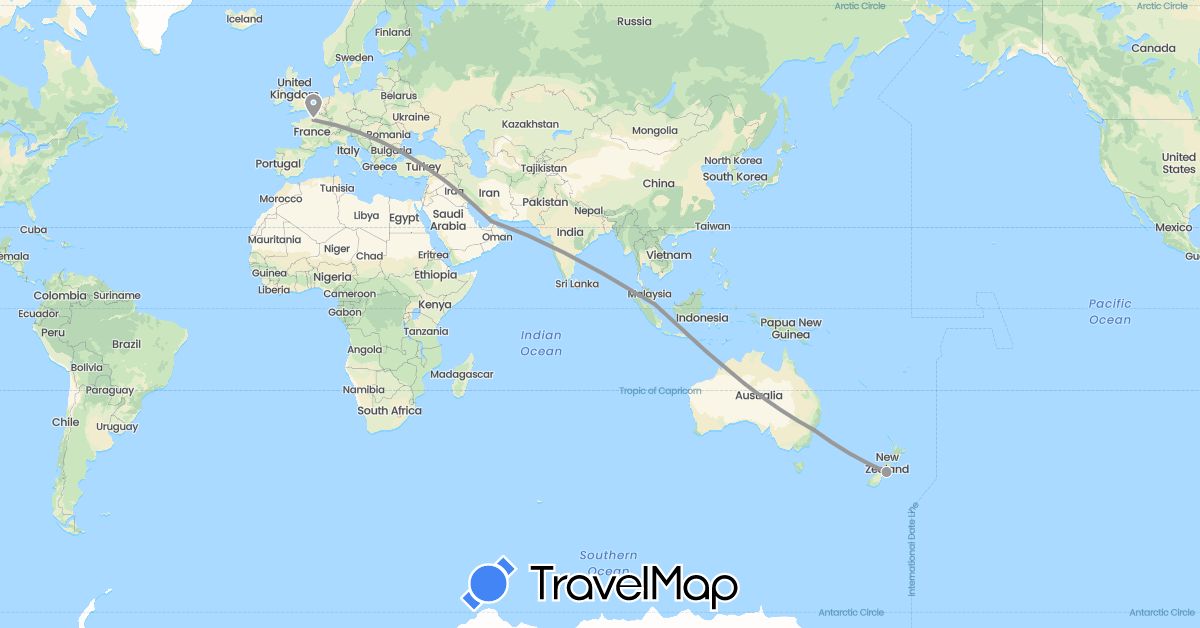 TravelMap itinerary: plane in Australia, France, New Zealand (Europe, Oceania)